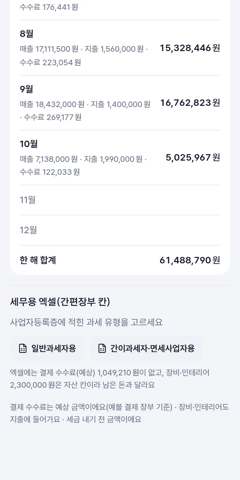 월별 손익과 세무용 엑셀 내려받기 — 휴대폰 화면
