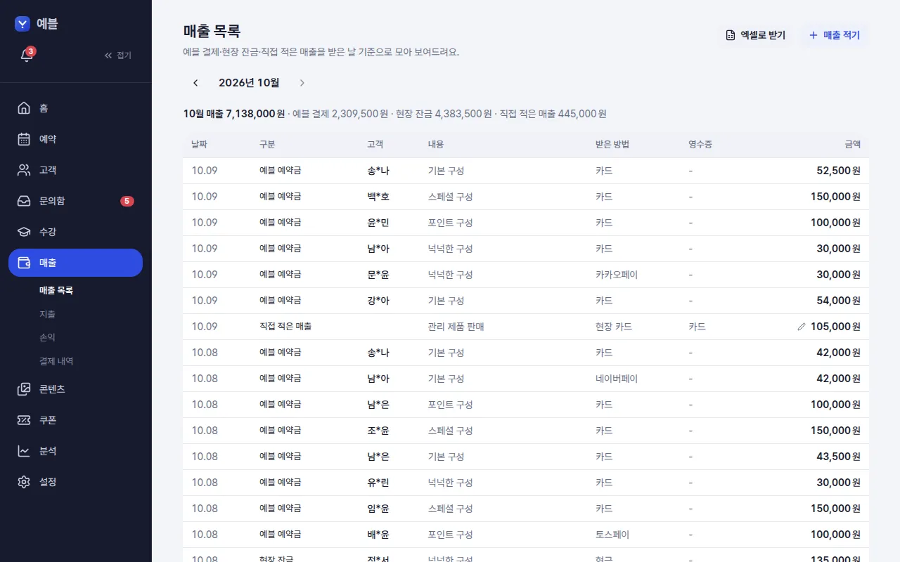 예블 결제·현장 잔금·직접 적은 매출이 함께 보이는 매출 목록 — 컴퓨터 화면